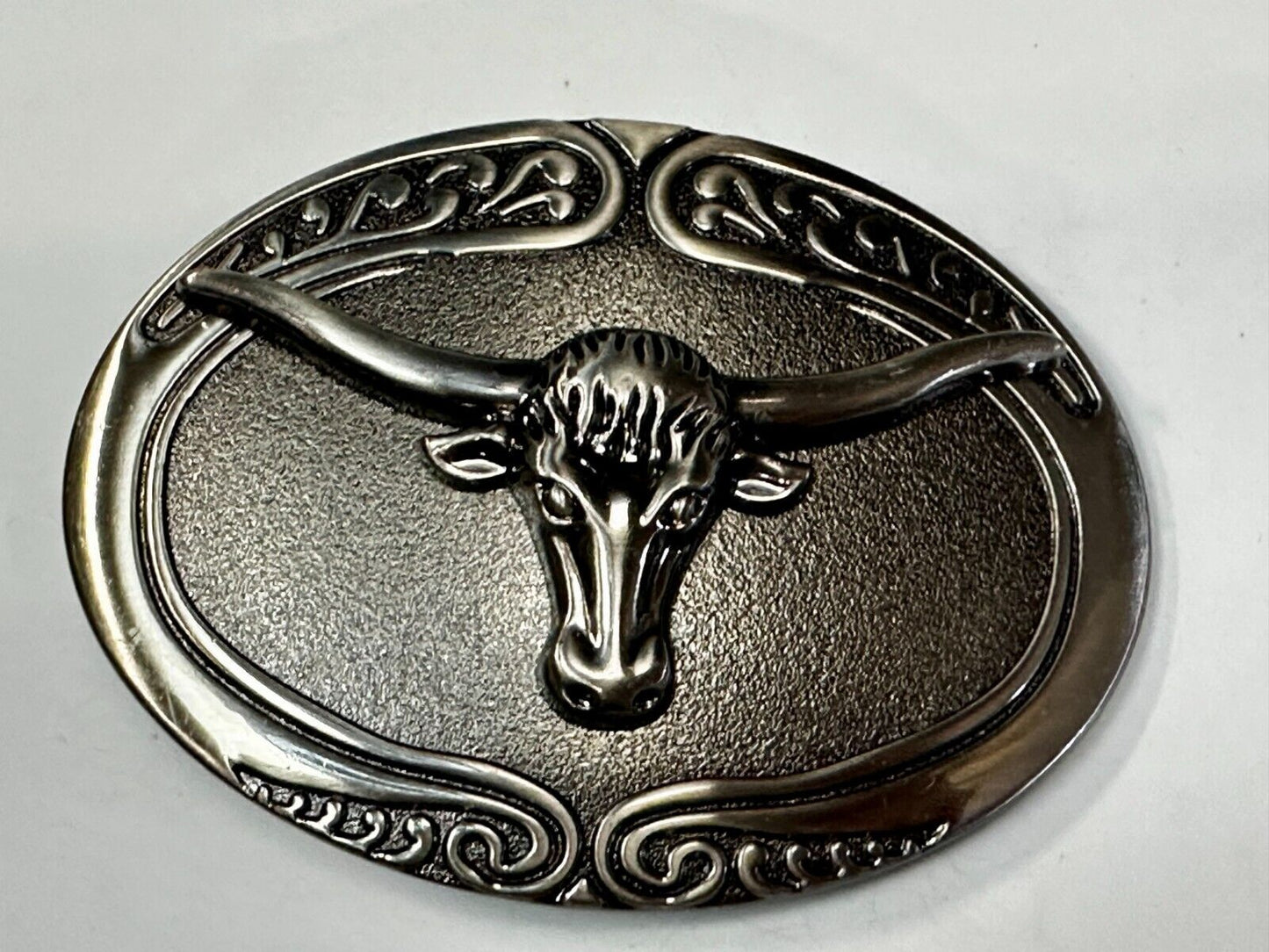 Texas Longhorn Steer Rodeo Bull Vintage Silver Tone Western Oval Belt Buckle