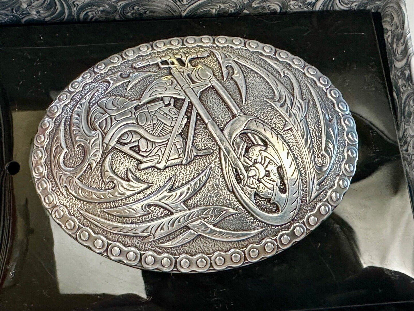 Biker Motorcycle Chopper Designed silver tone oval Crumrine Belt Buckle in box