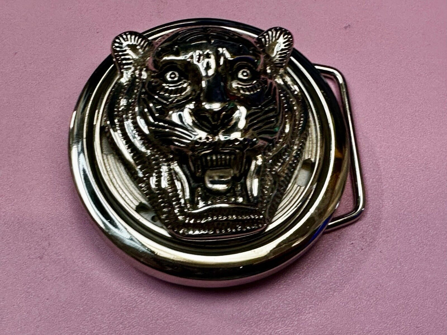 Tiger Lion's Head Figural Silver Tone Silver Color Belt Buckle - No batteries