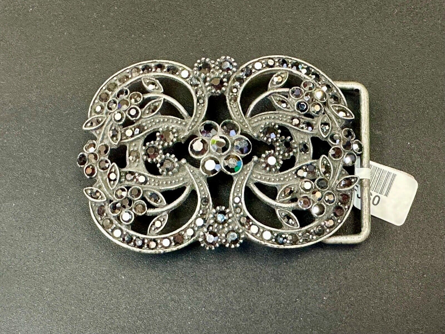 Black rhinestone accented metal flower pattern NOS Funky Junque belt buckle