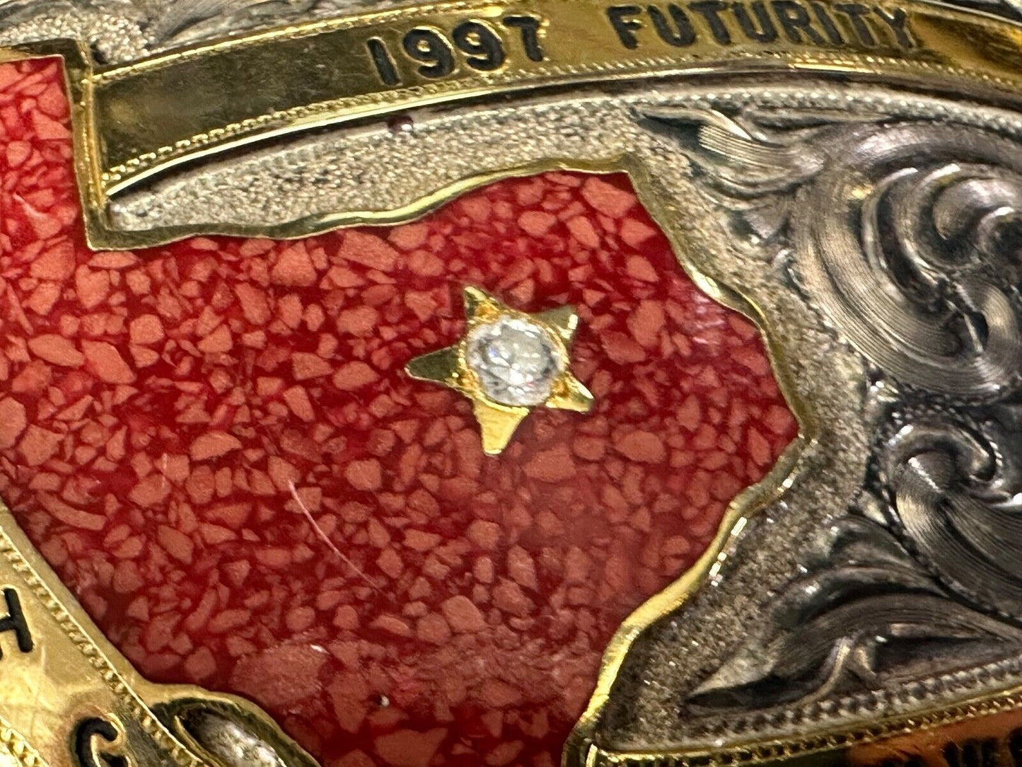 TEXAS Inlaid Coral Chip JR Open Weanling Filly 1997 Futurity Trophy belt buckle