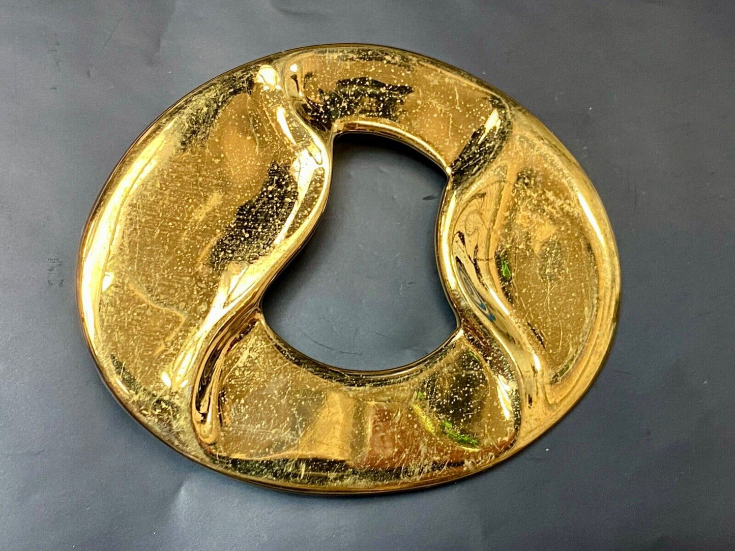 Artist Ginnie Johansen signed gold color abstract oval scarf slide