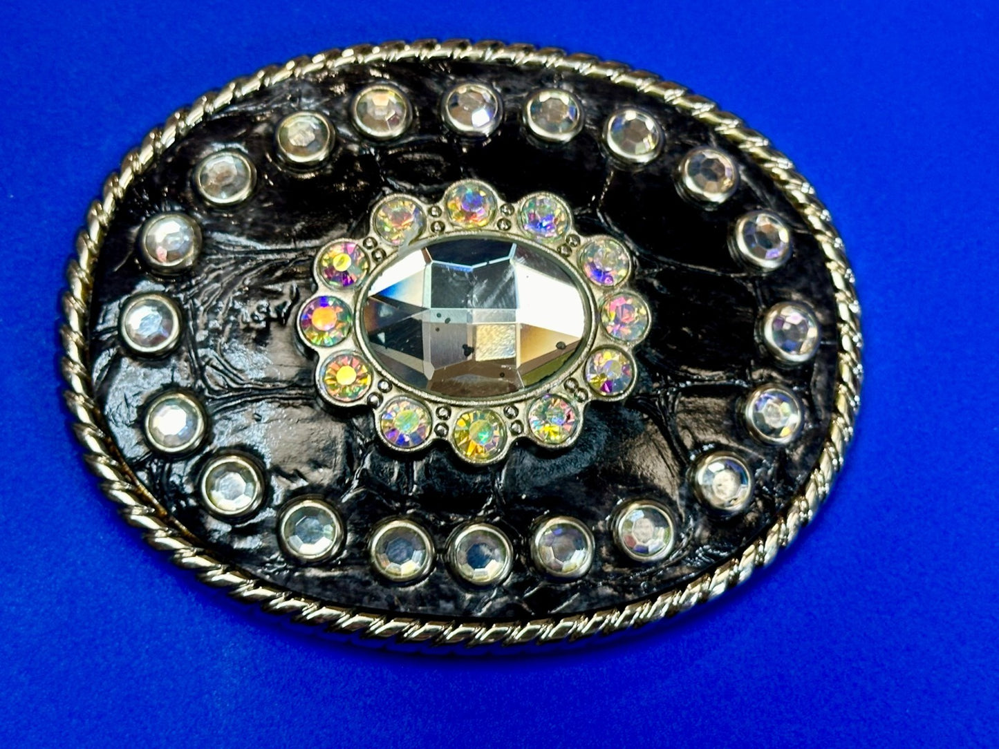 Beautiful Clear Rhinestone Bling Leather on Metal Vintage Belt Buckle