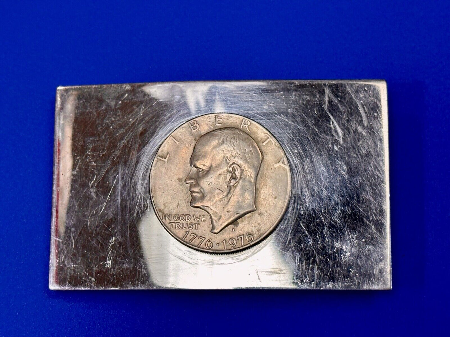 Vintage Bicentennial 1976 Liberty coin collectors artisan reflective belt buckle