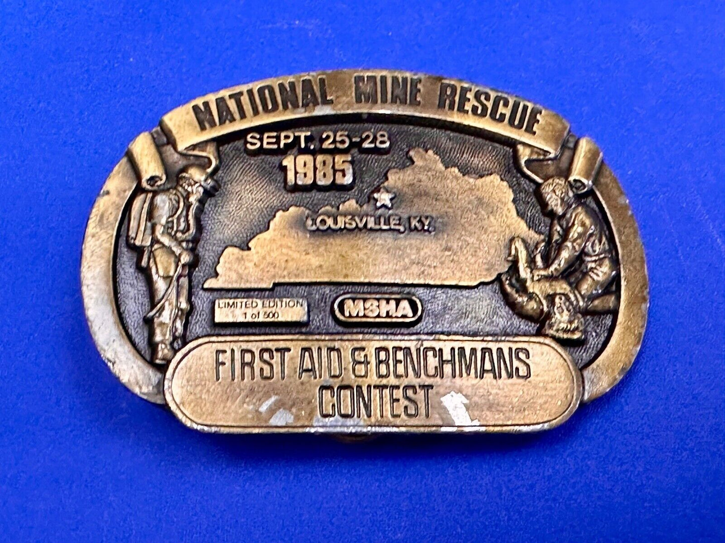 1985 National Mine Rescue Louisville KY MSHA First Aid contest belt buckle