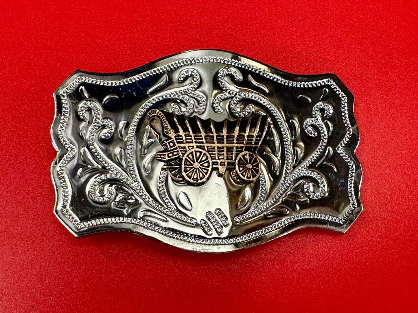 Vintage Covered Wagon - western two tone outlined ornate belt buckle