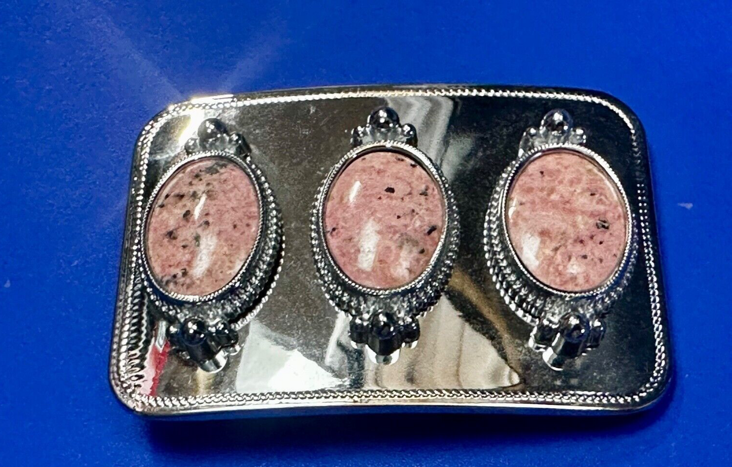 Three Piece Pink Cabochon Cab Stones on reflective silver color Belt Buckle