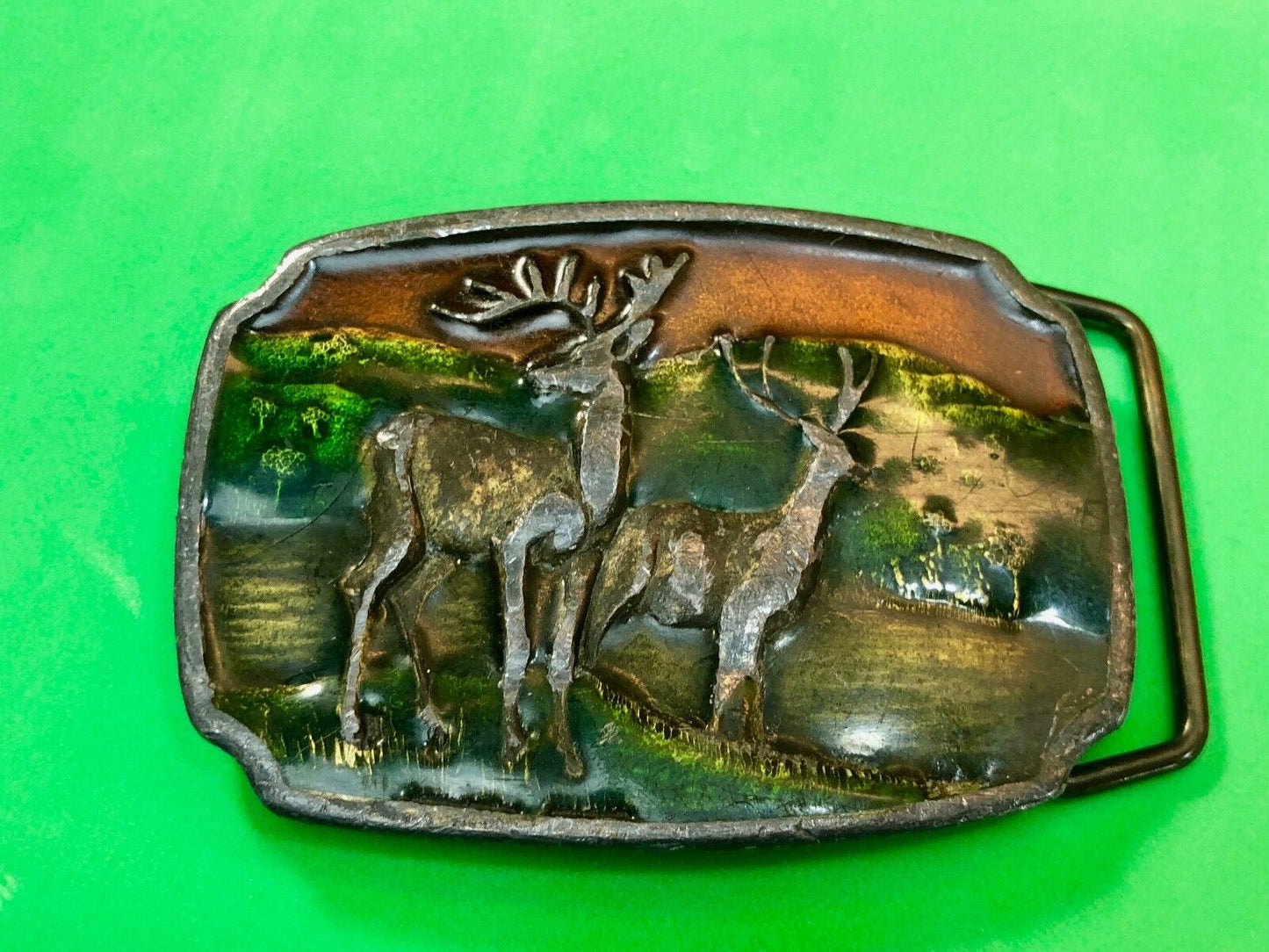 Vintage A16 Belt Buckle by Koleaco, two deer in nature scene, mountains