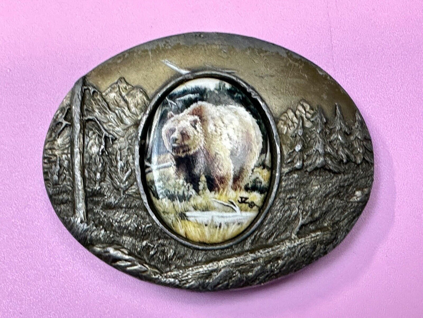 Bear Picture Art on Porcelain Cabochon Artist Julie Zsupnik Belt Buckle