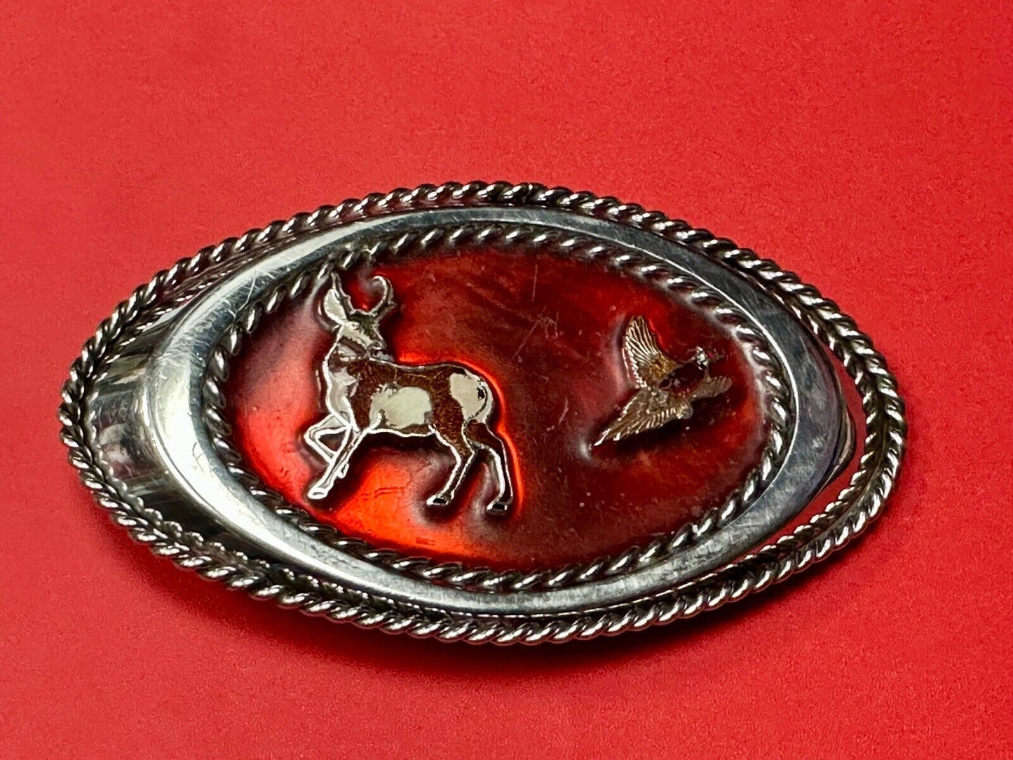 Vintage Artisan Hunters Deer and Quail oval western belt buckle