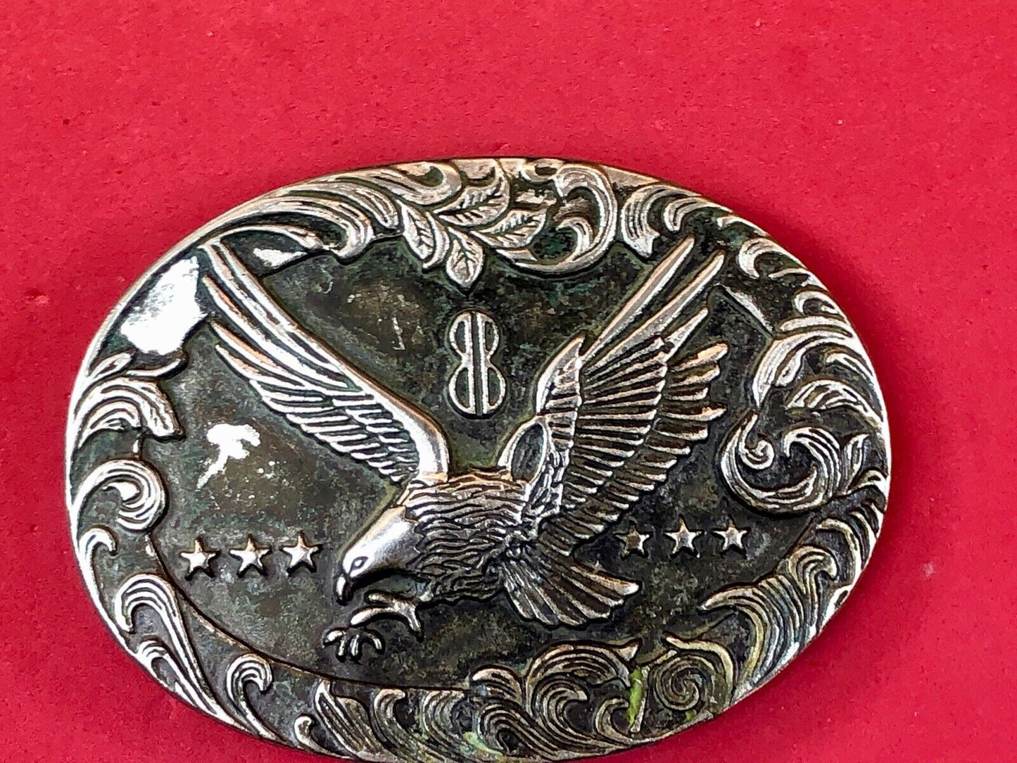 Vintage belt buckle of Flying Diving Hunting Eagle, Bird, Grouse, Stars