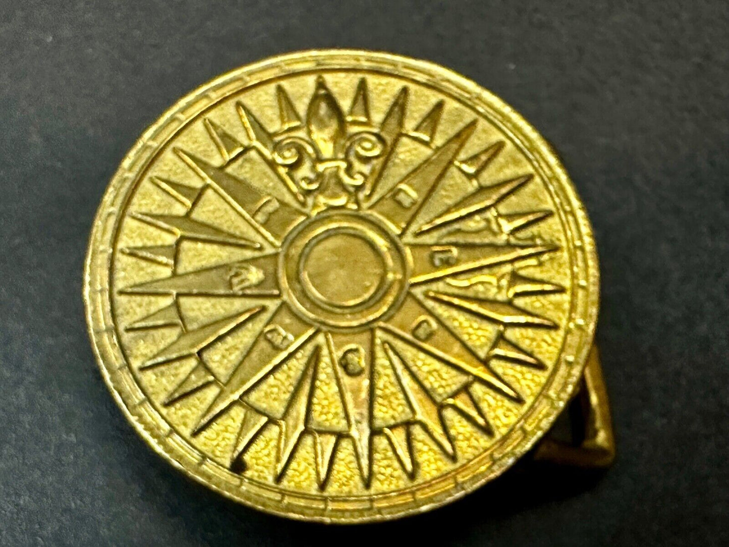 Artist Signed Fleur De Lis Compass Sun Dial Hippie Boho Solid Brass Belt Buckle