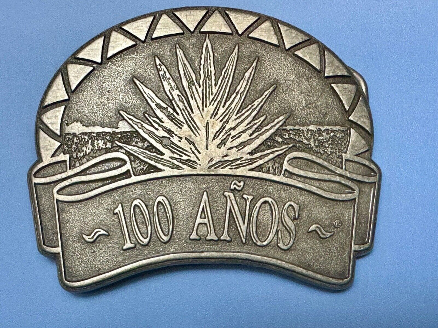 Tequila advertising 100 Anos Vintage Pewter Metal cutout belt buckle