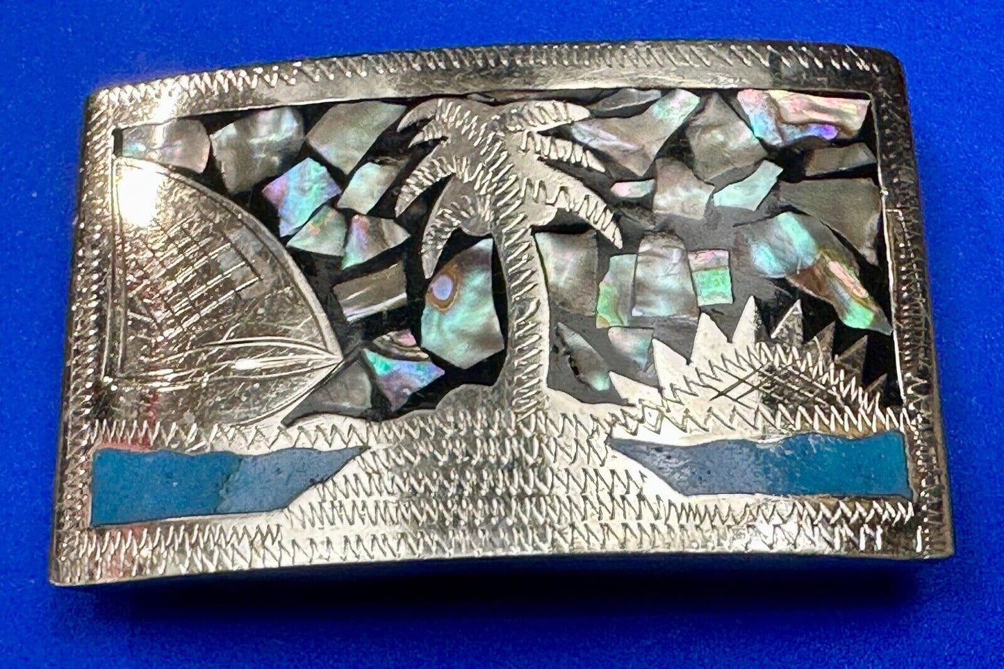 Beach Scene with Palm Tree - Inlaid Turquoise, Abalone Shell Vintage belt buckle