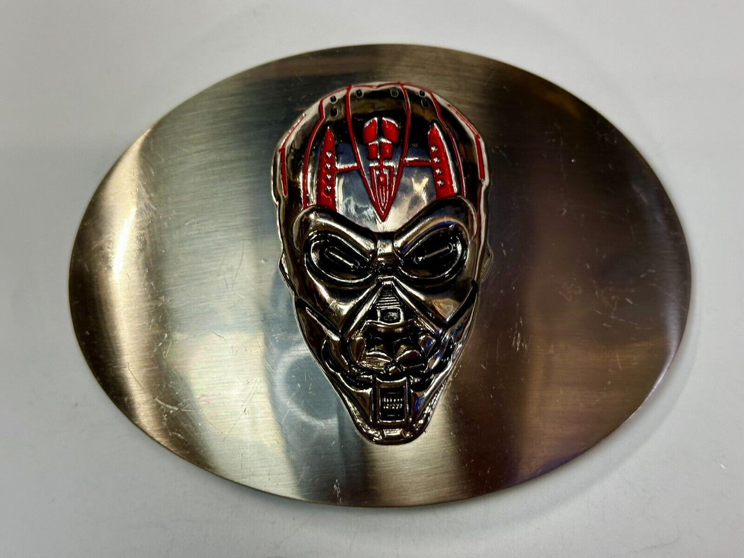 Terminator Skull Head Gothic Vibe Silver Tone Biker HUGE oval Belt Buckle