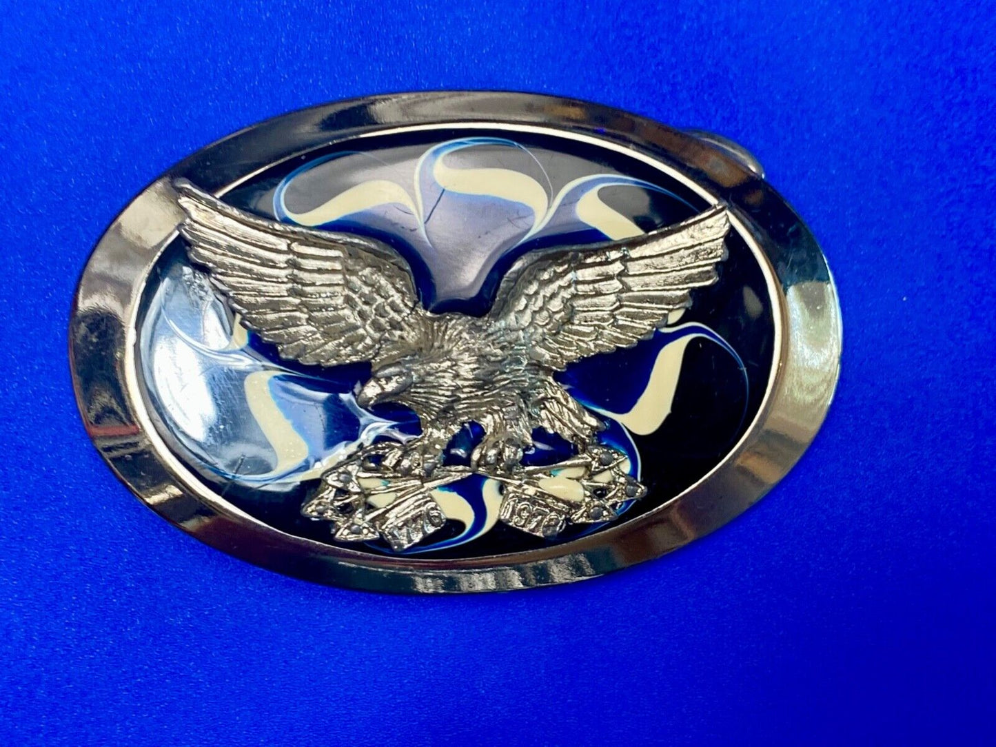 Vintage Eagle w/ arrows in claws western oval blue & cream enameled belt buckle