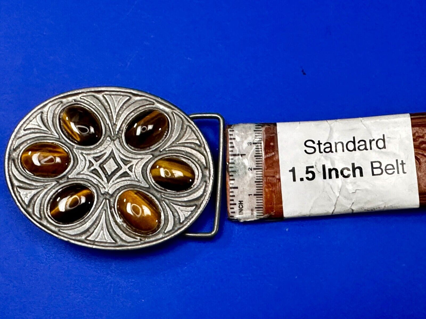 Tigers Eye Gemstones Cabs Native Indian Style? Vintage Pewter Oval Belt Buckle