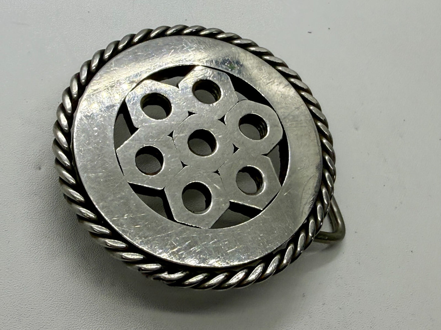 Artisan Welder's Art Handmade Abstract Open Work Round Silver Color Belt Buckle