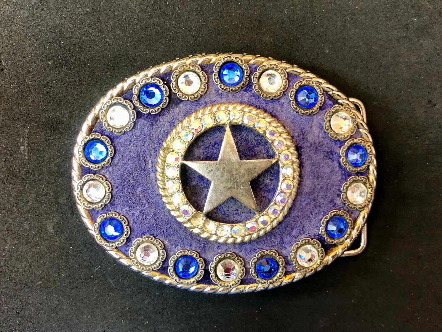 artisan multi color shades of blue star rhinestone centerpiece belt buckle