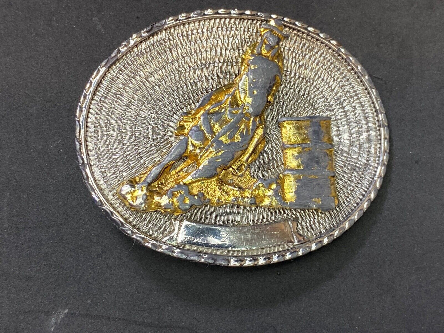 Barrel Racing Rodeo Cowboy Cowgirl Vintage Belt Buckle W/ Blank Ribbon Scroll