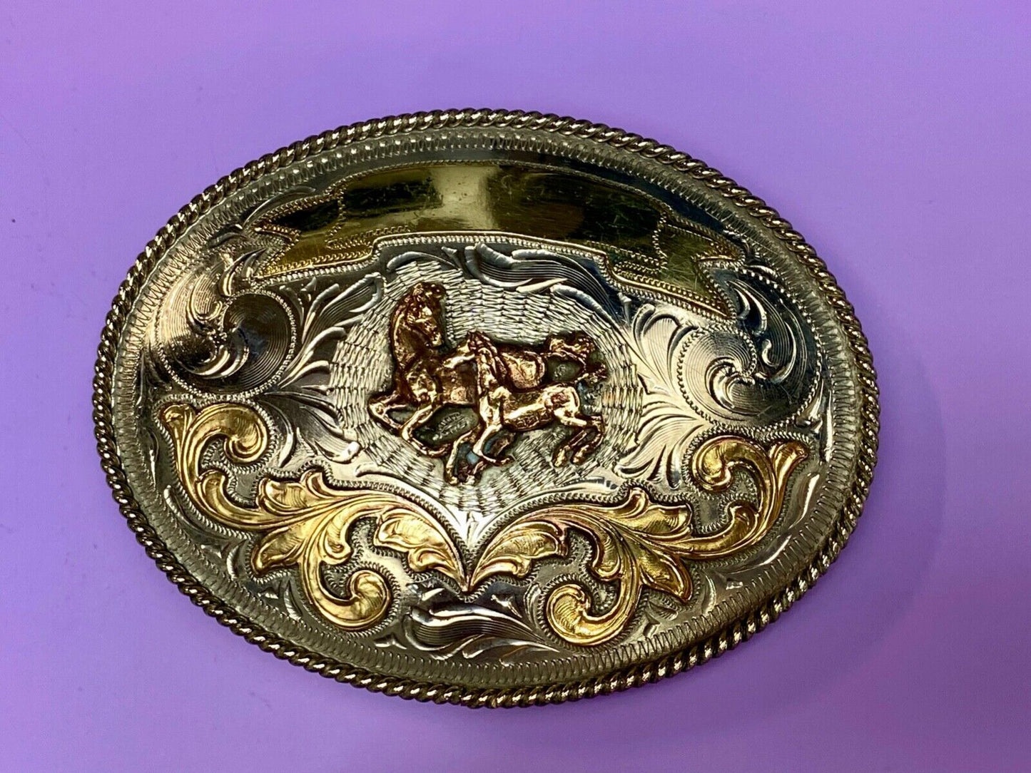 5" wide! Alpaca Mexico stamped wild mustangs horses running wild belt buckle