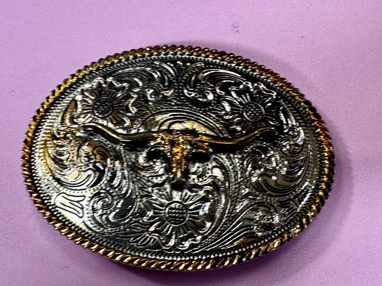 Texas Longhorn Steer Bull Ornate Two-Tone Vintage Oval Belt Buckle