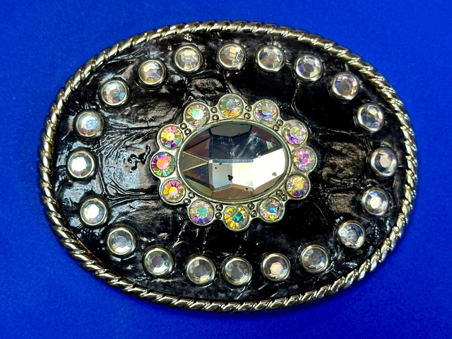 Beautiful Clear Rhinestone Bling Leather on Metal Vintage Belt Buckle