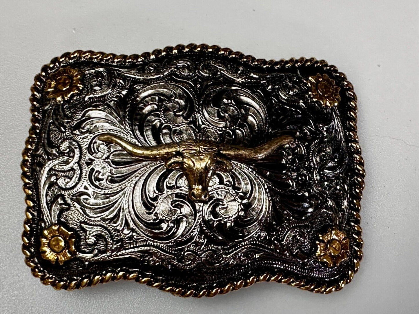 Texas Longhorn Centerpiece Two Tone Ornate Floral Themed Belt Buckle