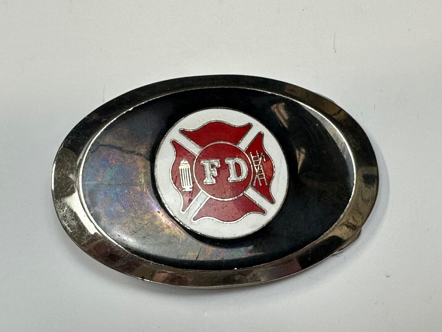 Vintage Fire Firefighter FD Hydrant Axe Ladder Black & Red Oval belt buckle