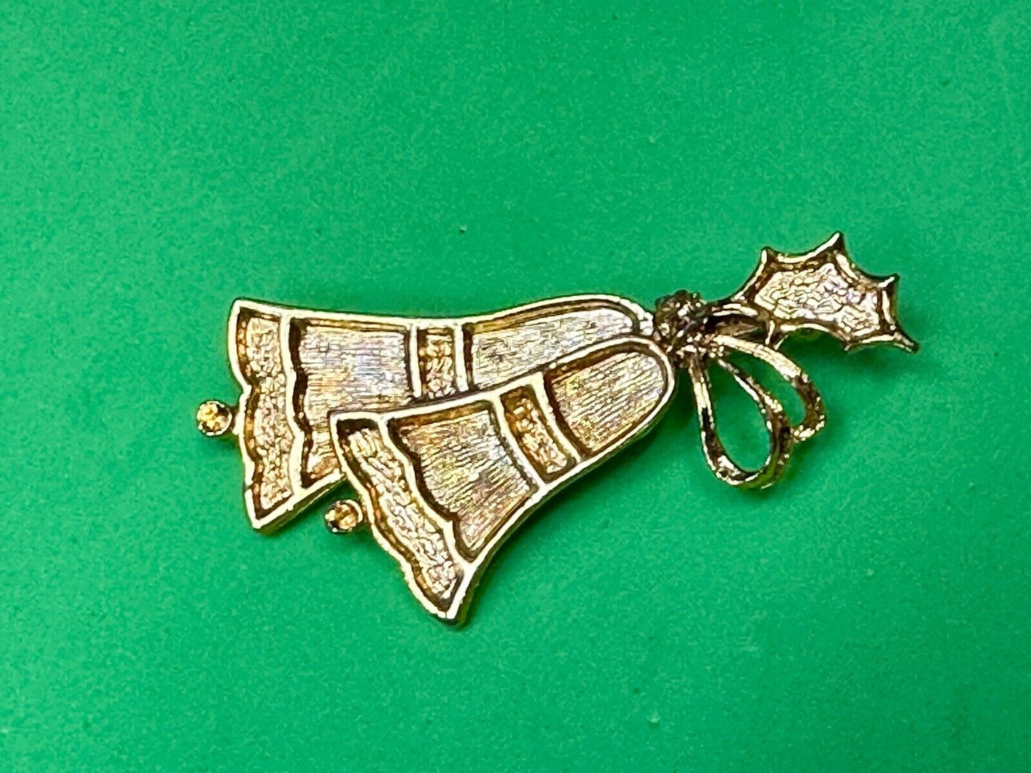 Vintage Bells & Holly BEATRIX Gold Tone Christmas Holiday Brooch Pin