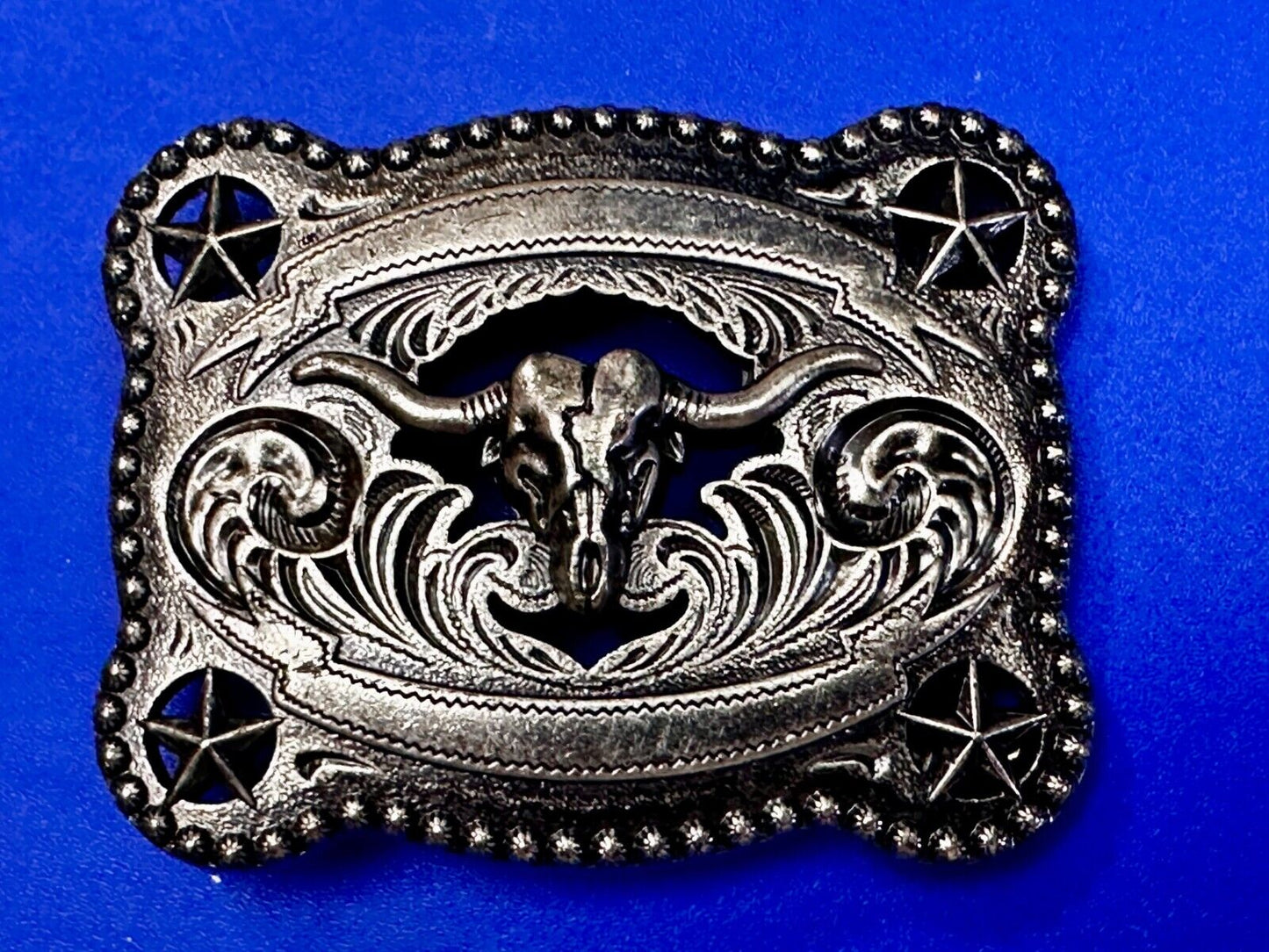 Texas Longhorn Steer / Corner Stars - Engravable Blank Award Scroll Belt Buckle
