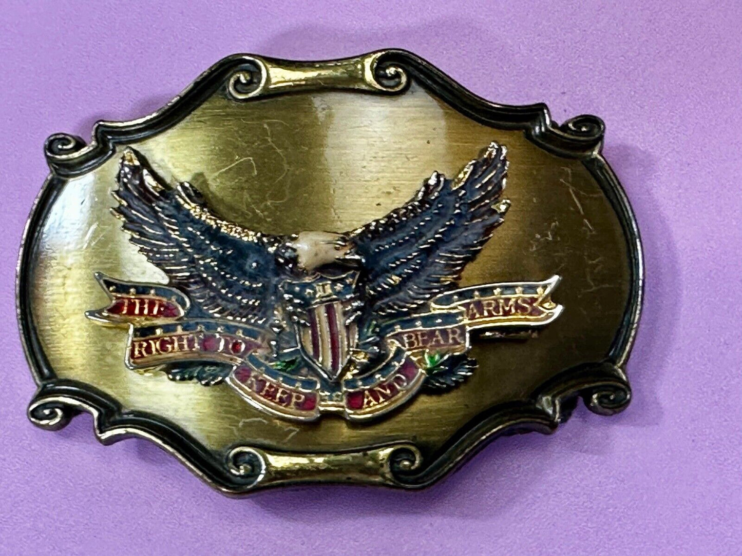 The Right To Keep and Bare Arms VTG 1980 Western Framed Belt Buckle by Rain-Tree