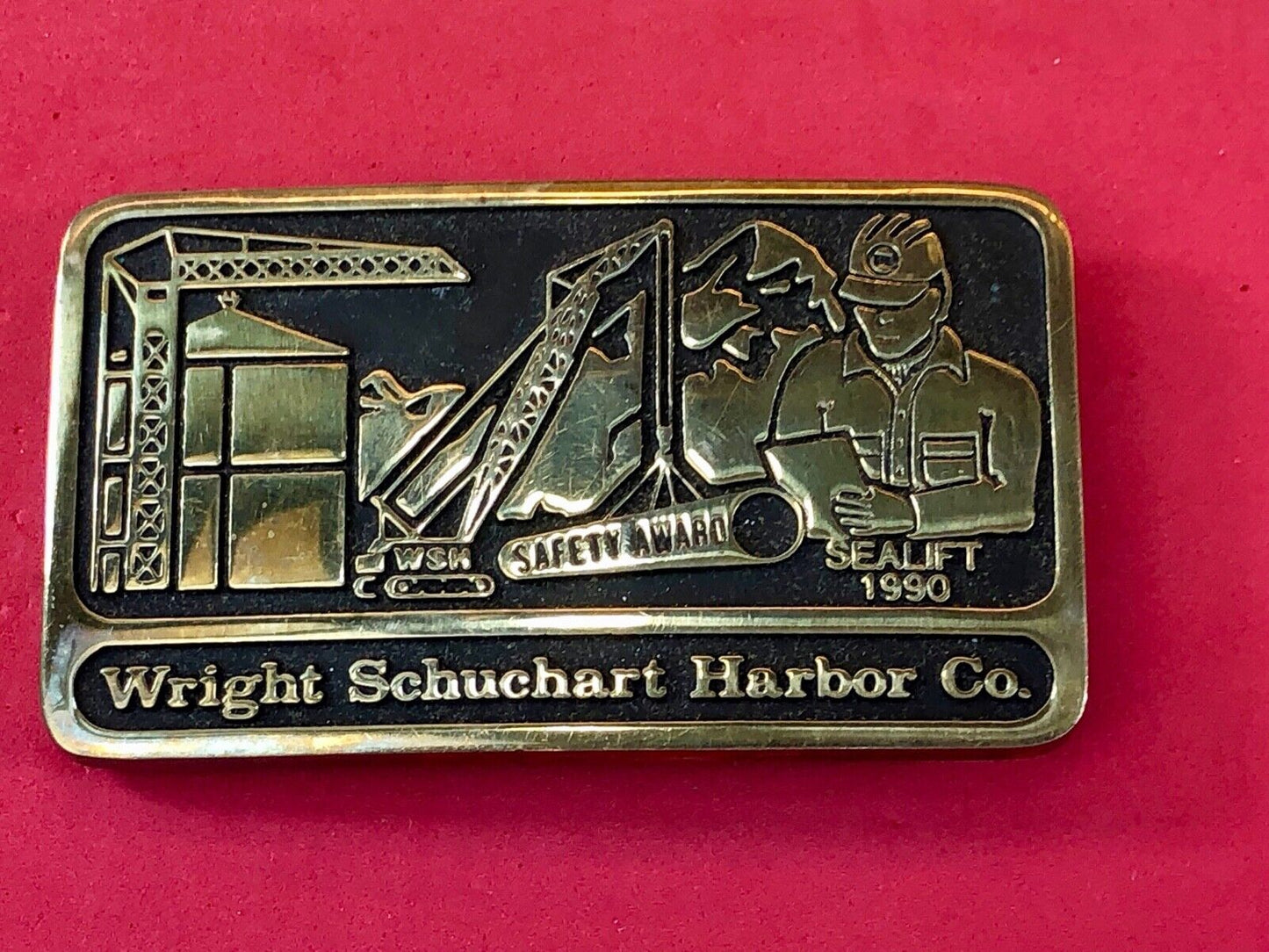 Vintage 1990 hand made solid brass Wright Schuchart Harbor Co promo Belt Buckle