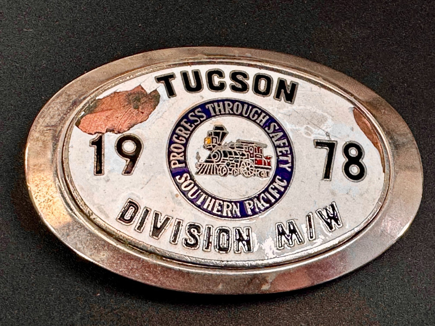 1978 Southern Pacific Tucson Division Railroad Safety Silver Tone Belt Buckle