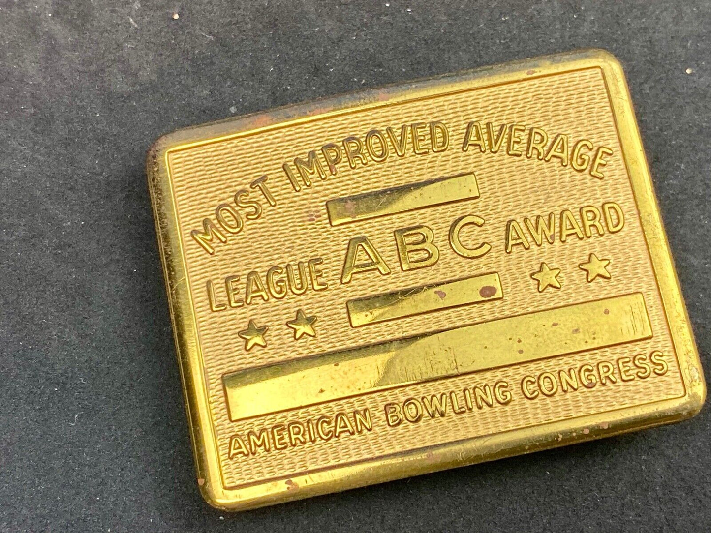 Vintage ABC American Bowling Congress League Award gold tone belt buckle