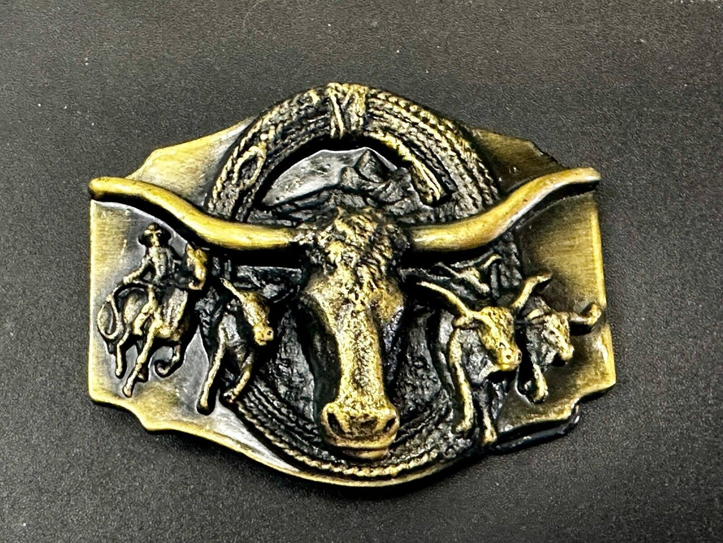 Vintage Long Horn Roping Horseback Rodeo Cowboy and Raised 3D Head Belt Buckle