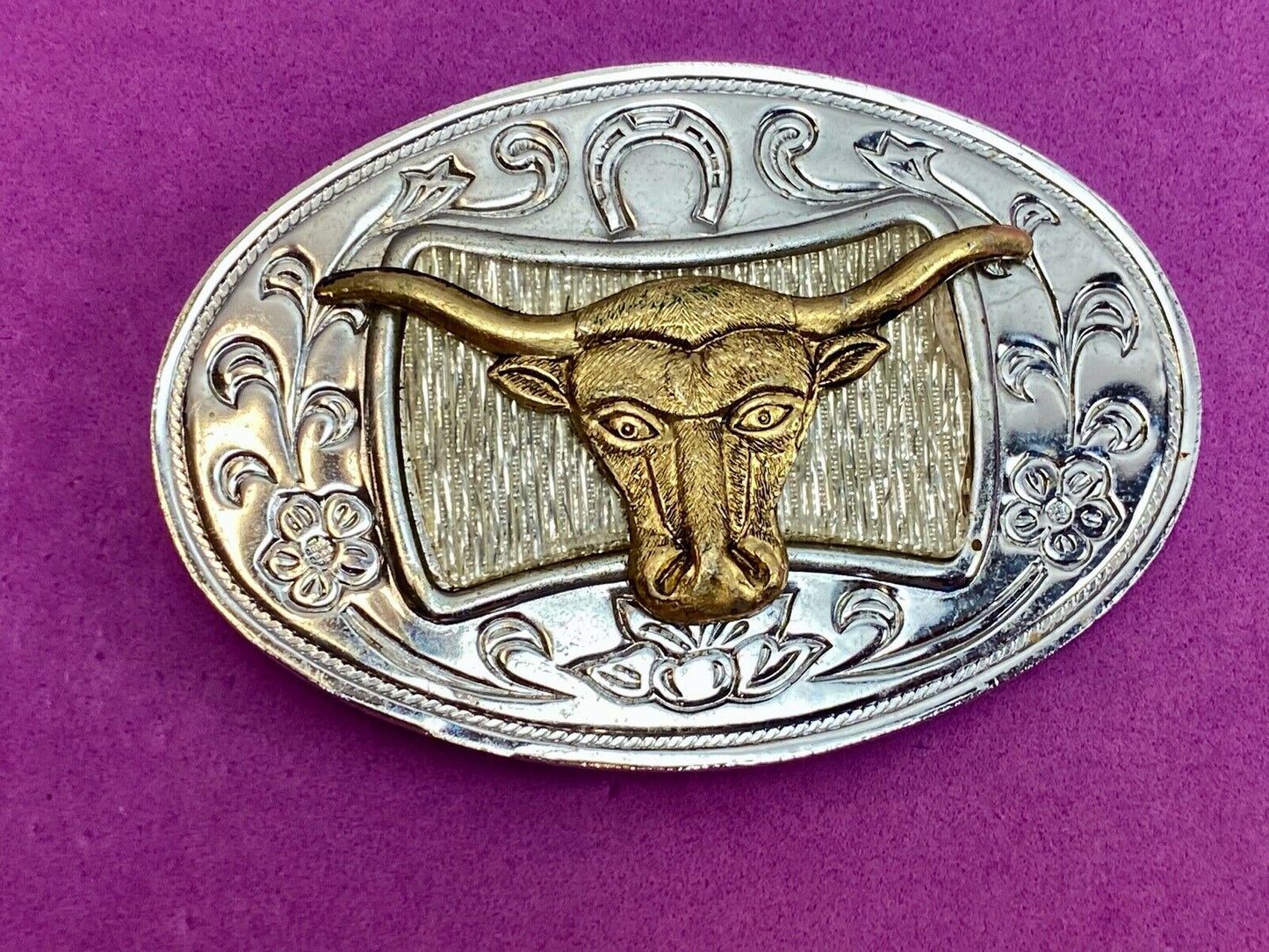 Texas Long Horn Cow Steer Cattle raised western belt buckle - Made in Japan