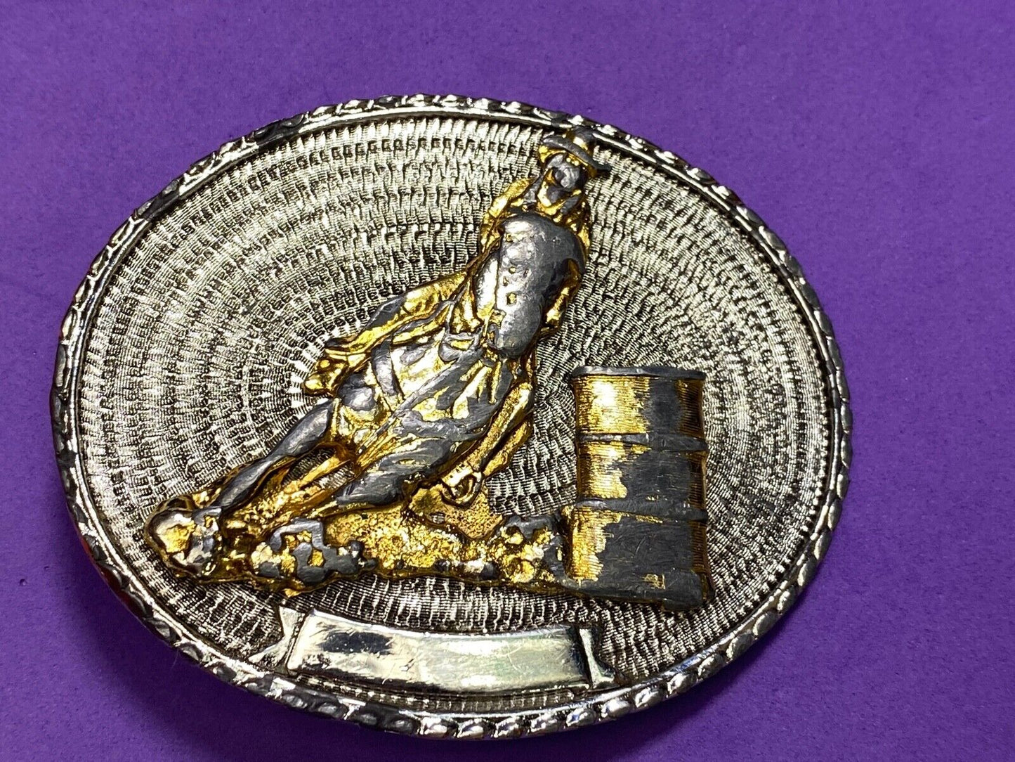 Barrel Racing Rodeo Cowboy Cowgirl Vintage Belt Buckle W/ Blank Ribbon Scroll