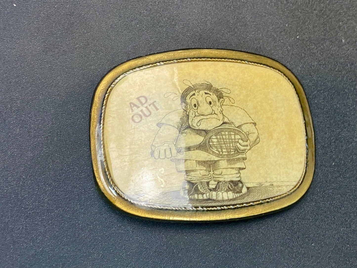 Tennis Game Novelty 70'S Cartoon Figure "Ad Out" Rounded Corner Belt Buckle