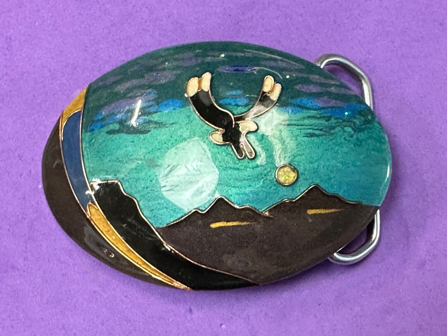Beautiful flying eagle painting art raised oval belt buckle artist signed LITT