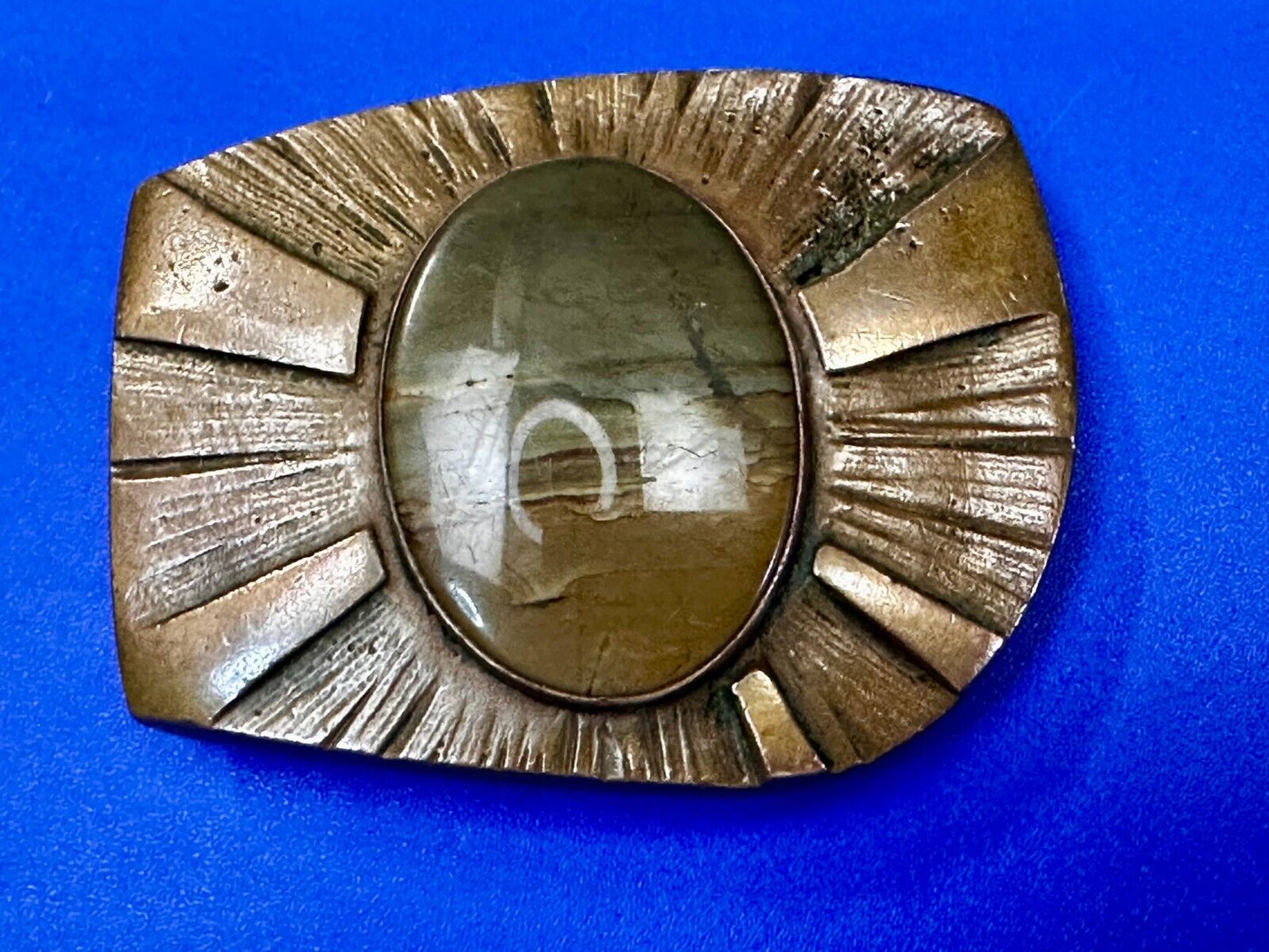 Art Deco Picture Jasper Cabochon Stone In Artisan Hippy Vibe Brass Belt Buckle