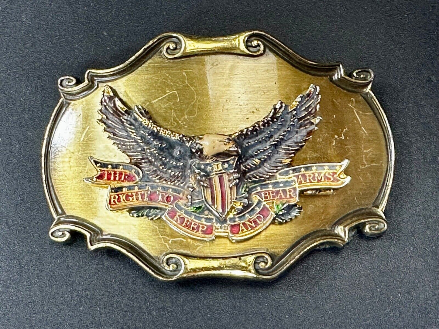 The Right To Keep and Bare Arms VTG 1980 Western Framed Belt Buckle by Rain-Tree