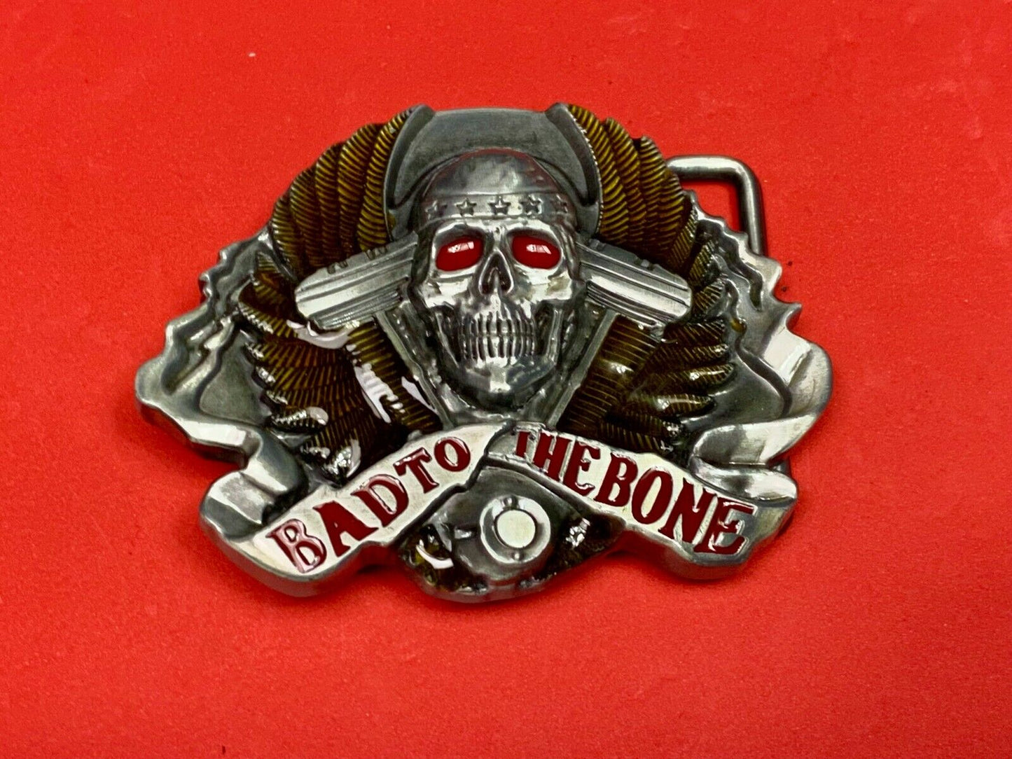 Bad to the bone - Red eyes Bikers Motorcycle Riders skull and wings belt buckle