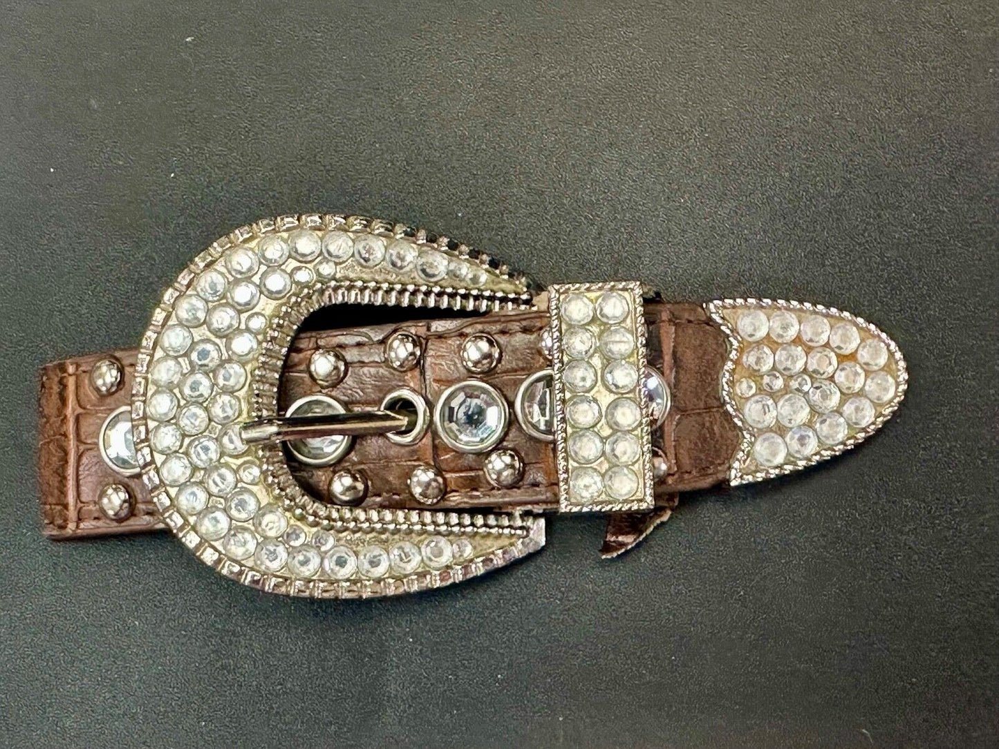 Three Piece western silver tone rhinestone ranger set belt buckle tip & keeper