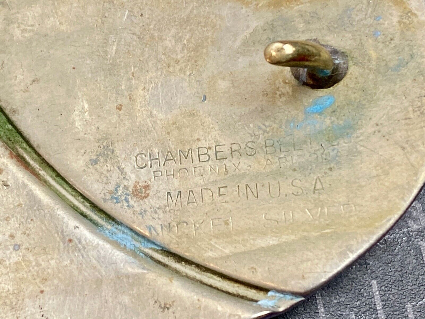 Vintage Chambers Belt Co. Silver Nickel Western stamped belt buckle gun pistol