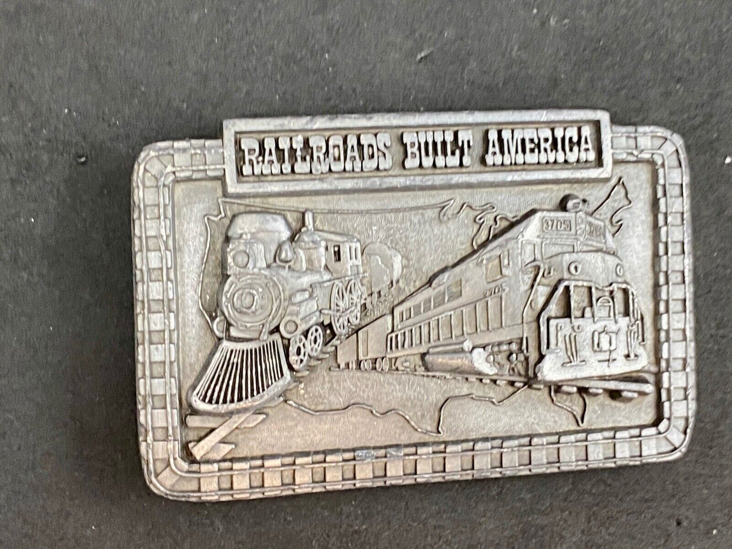 Vintage 1987 Railroads Built America Belt Buckle, RR Train Steam Engine