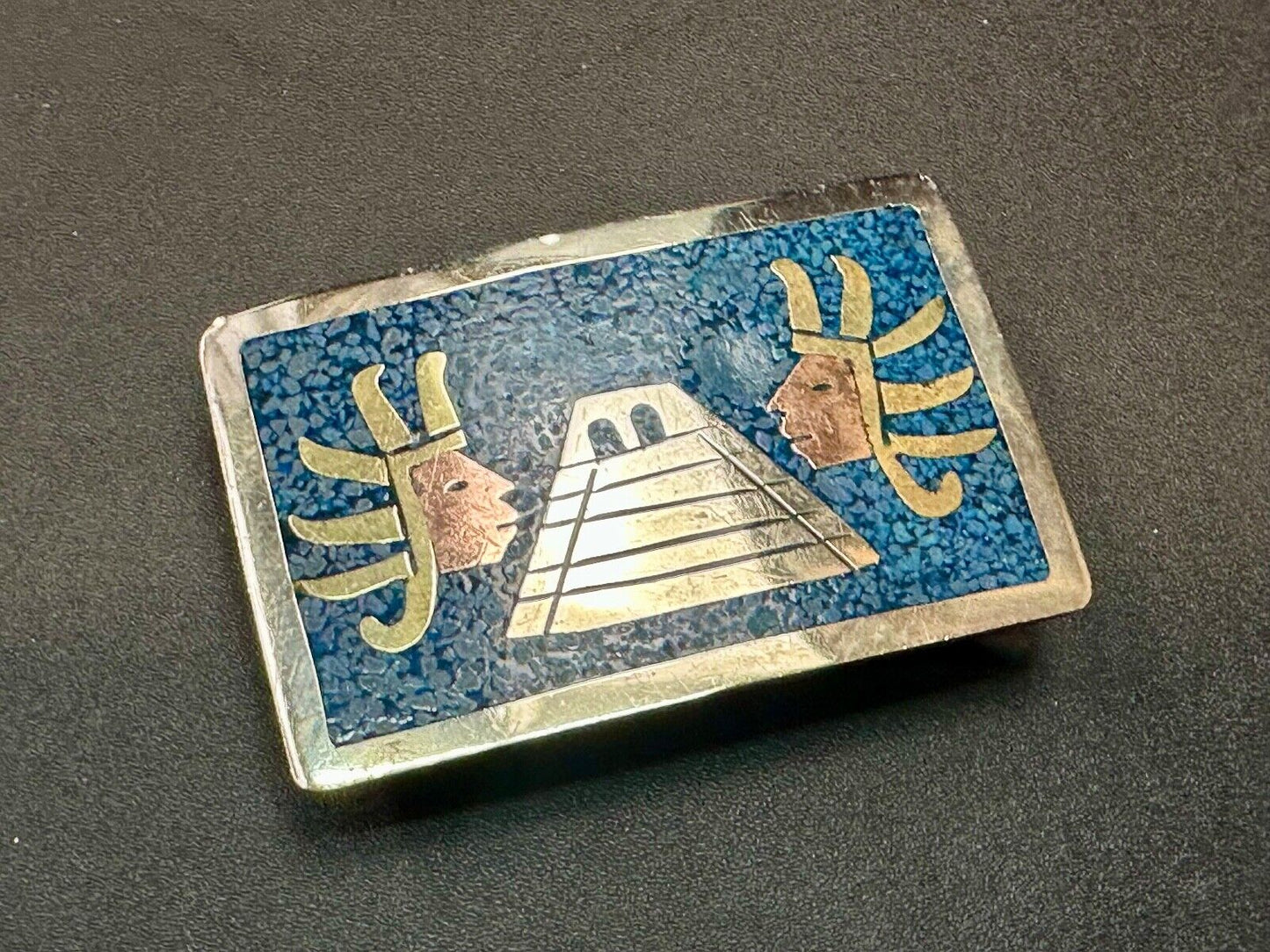 Aztec Mayan Temple Pyramid Figures Vintage Inlay belt buckle made in Mexico