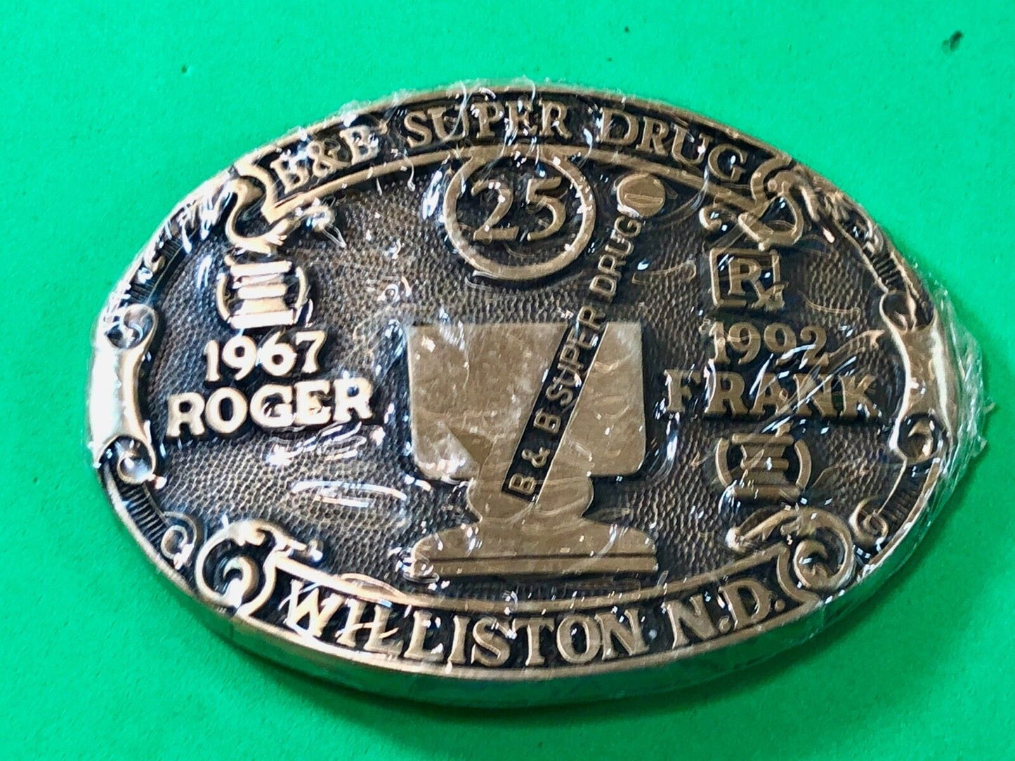 B&B Super Drug Store Roger Frank Williston ND Belt Buckle Advertising Promo