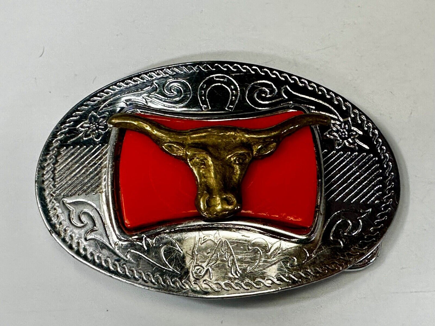 Texas Longhorn Cattle Bull Orange Enamel Backed Western Style Belt Buckle