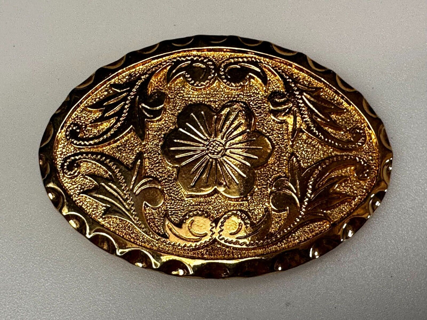 Vintage Etched Flower Floral Theme Western Oval Gold Tone Belt Buckle
